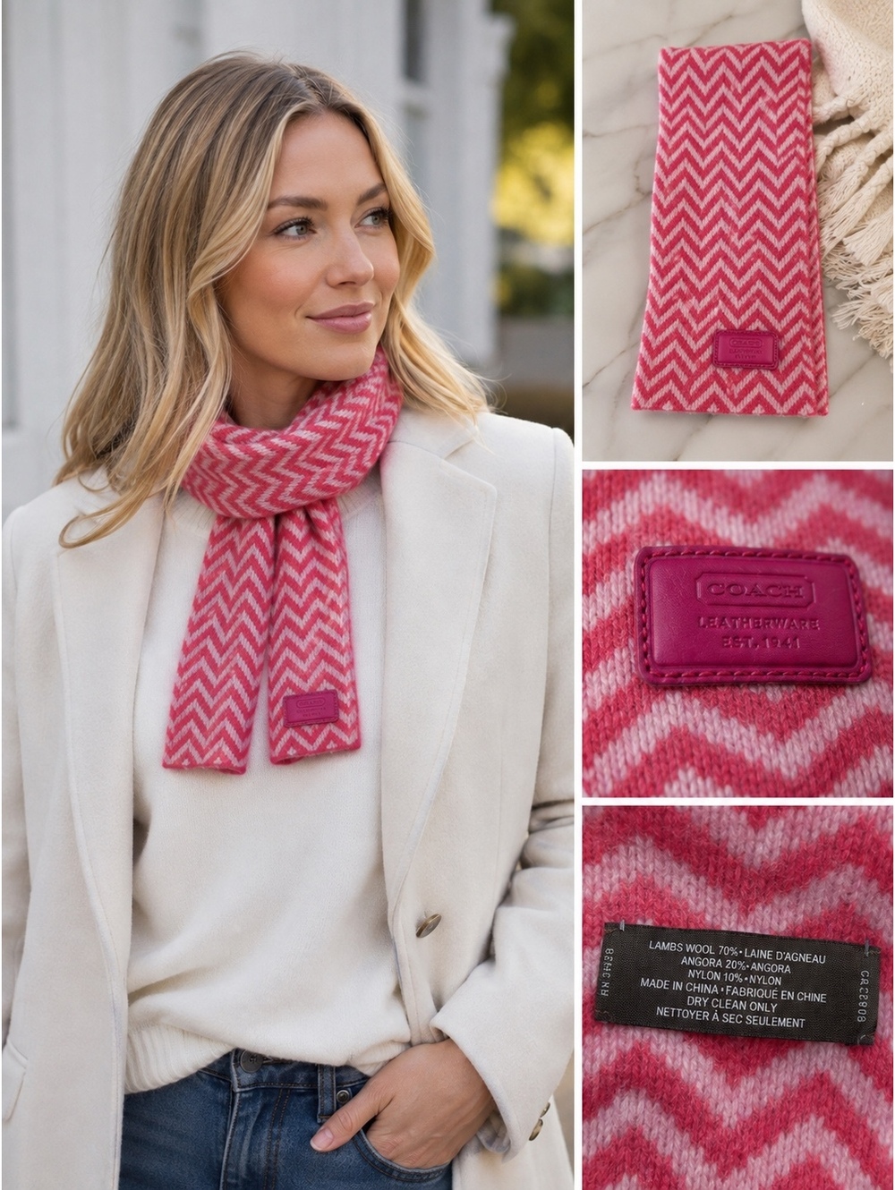 Coach Pink Chevron Lambswool Angora Blend Scarf Leather Logo